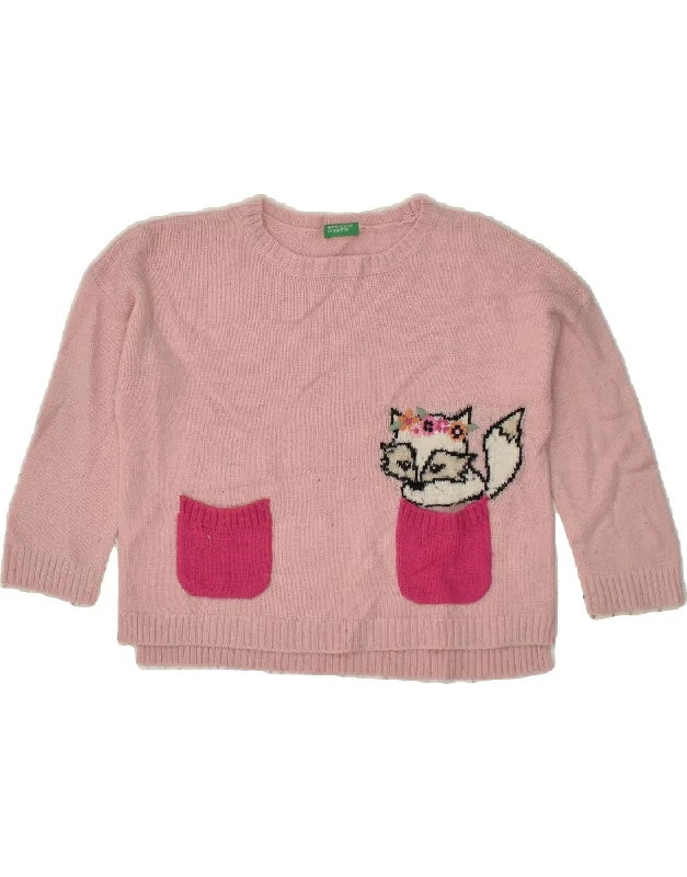 men's zip-up sweaters -BENETTON Girls Crew Neck Jumper Sweater 4-5 Years XS Pink Acrylic