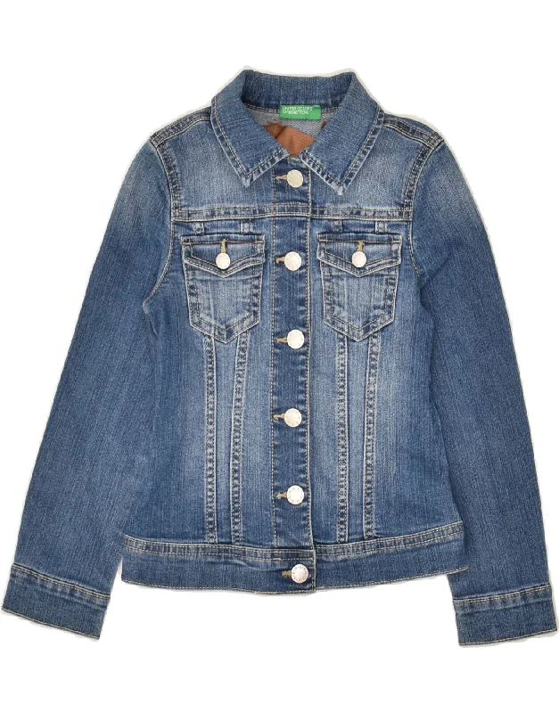 men's down jackets -BENETTON Girls Denim Jacket 6-7 Years Small Blue Cotton