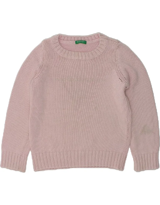 men's soft knit sweaters -BENETTON Girls Graphic Boat Neck Jumper Sweater 2-3 Years 2XS  Pink Cotton