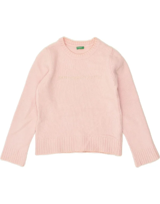 men's cardigan knitwear -BENETTON Girls Graphic Crew Neck Jumper Sweater 11-12 Years Pink