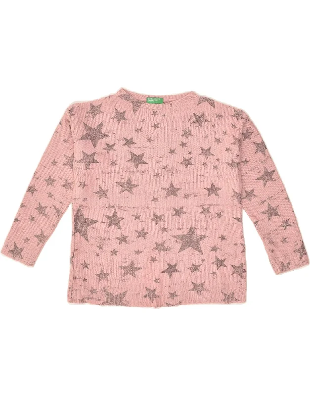 men's warm knitwear sweaters -BENETTON Girls Graphic Crew Neck Jumper Sweater 5-6 Years Pink Geometric