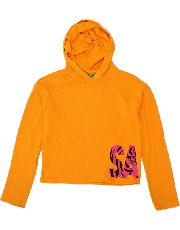 men's hoodies with slogans -BENETTON Girls Graphic Hoodie Jumper 13-14 Years 3XL Orange Cotton