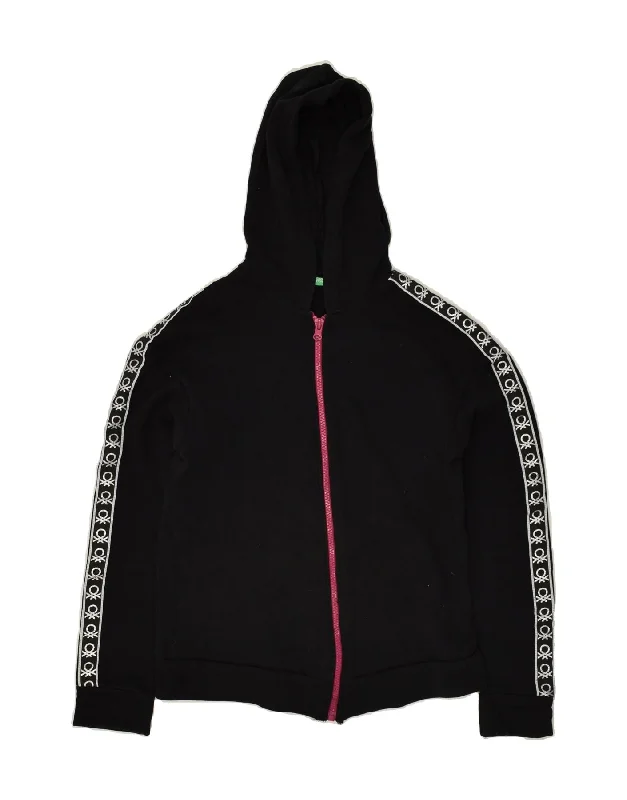 men's luxurious sweaters -BENETTON Girls Graphic Zip Hoodie Sweater 13-14 Years 3XL Black Cotton