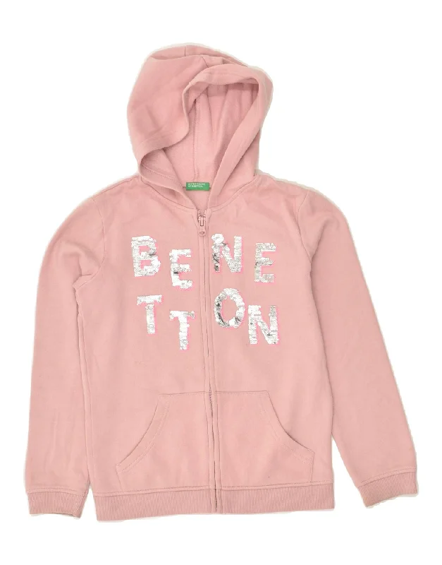 men's breathable cotton sweaters -BENETTON Girls Graphic Zip Hoodie Sweater 7-8 Years Medium  Pink Cotton