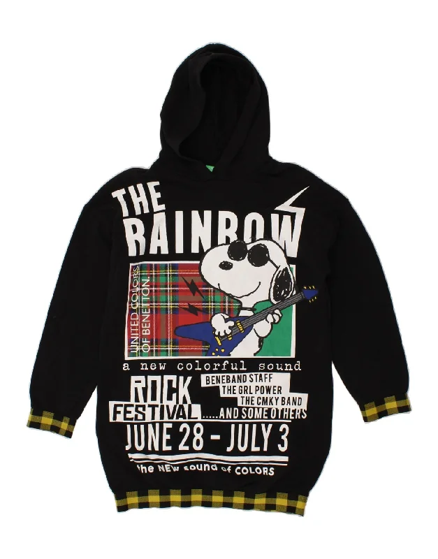 men's colorful hoodies -BENETTON Girls Longline Graphic Hoodie Jumper 13-14 Years Black