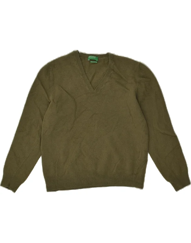 men's sweater for office -BENETTON Girls V-Neck Jumper Sweater 13-14 Years XL Khaki Merino Wool