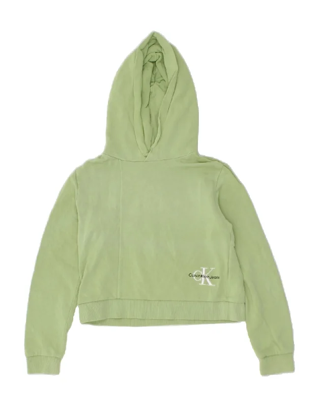 men's pullover hoodie for winter -CALVIN KLEIN Girls Crop Hoodie Jumper 11-12 Years Green Cotton