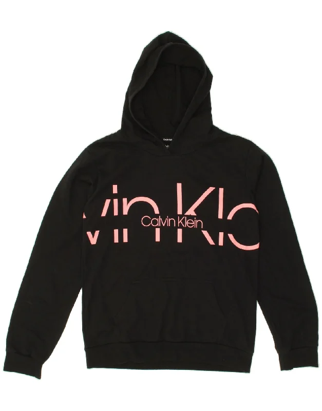 men's zip hoodie with drawstrings -CALVIN KLEIN Girls Graphic Hoodie Jumper 14-15 Years Black Cotton