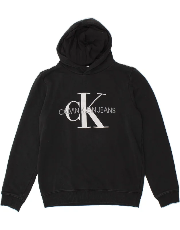 men's lightweight sweatshirts -CALVIN KLEIN JEANS Boys Graphic Hoodie Jumper 15-16 Years Black Cotton