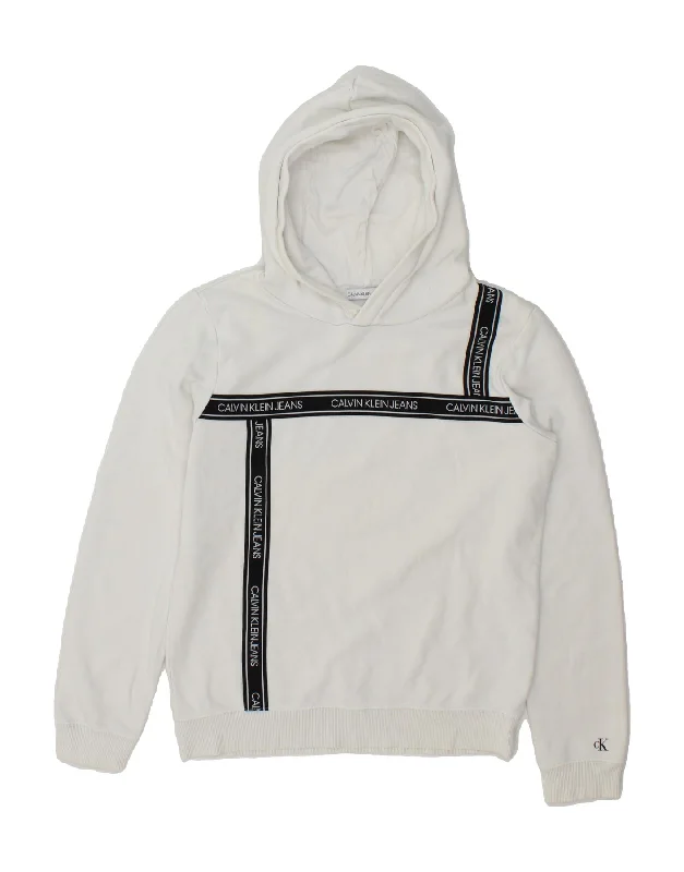 men's pullover hoodie with drawstrings -CALVIN KLEIN JEANS Boys Graphic Hoodie Jumper 15-16 Years White Cotton