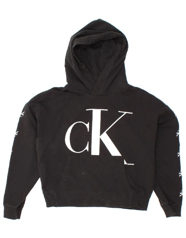 men's hoodie with unique design -CALVIN KLEIN JEANS Girls Crop Graphic Hoodie Jumper 13-14 Years Black