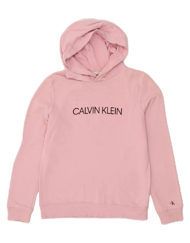 men's warm hoodie jackets -CALVIN KLEIN JEANS Girls Graphic Hoodie Jumper 13-14 Years Pink Cotton