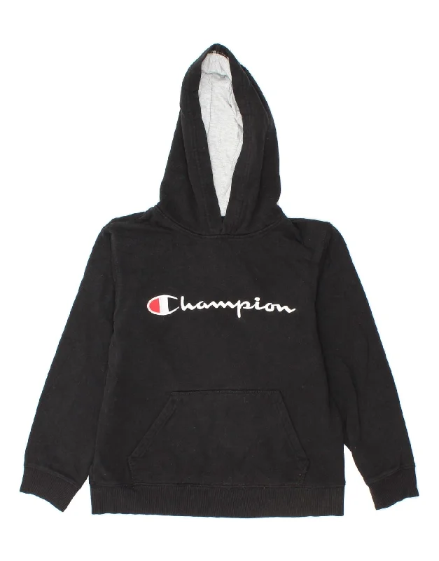 men's pullover hoodie with drawstrings -CHAMPION Boys Graphic Hoodie Jumper 10-11 Years Medium Black Cotton