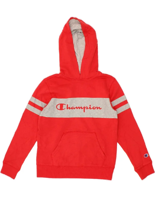 men's comfy hoodie sweatshirt -CHAMPION Boys Graphic Hoodie Jumper 10-11 Years Medium Red Colourblock