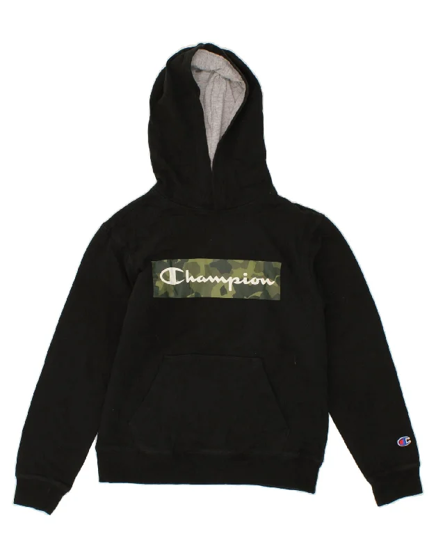 men's hoodie sweatshirt -CHAMPION Boys Graphic Hoodie Jumper 11-12 Years Large Black Cotton