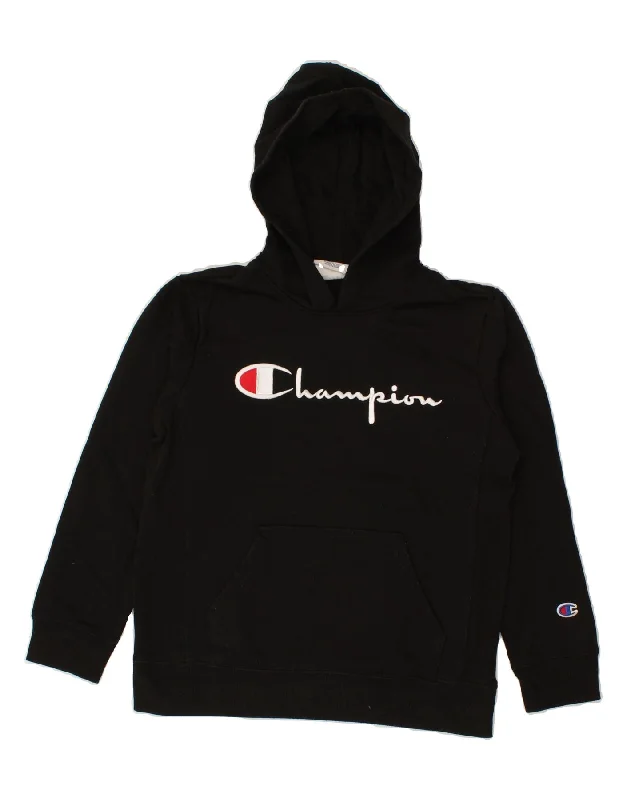 men's warm hoodie jackets -CHAMPION Boys Graphic Hoodie Jumper 12-13 Years Medium  Black Cotton