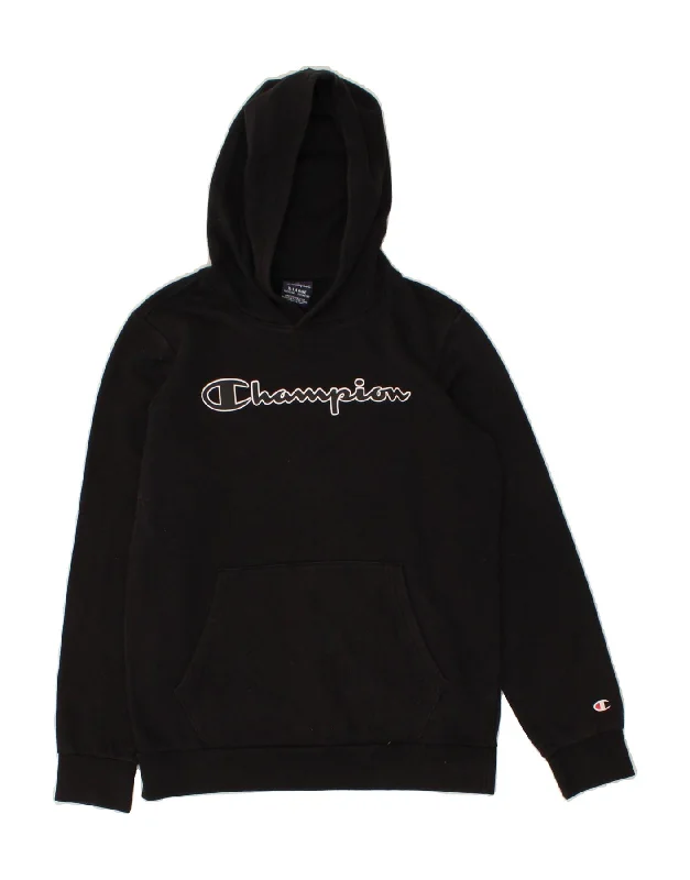 men's workout sweatshirts -CHAMPION Boys Graphic Hoodie Jumper 13-14 Years XL Black Cotton