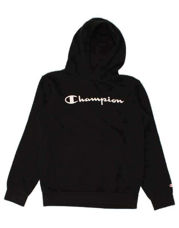 men's cozy fleece sweatshirts -CHAMPION Boys Graphic Hoodie Jumper 13-14 Years XL Black