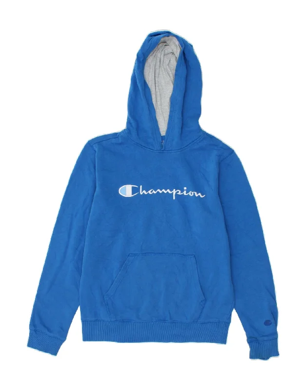 men's comfortable pullover sweatshirts -CHAMPION Boys Graphic Hoodie Jumper 13-14 Years XL Blue Cotton