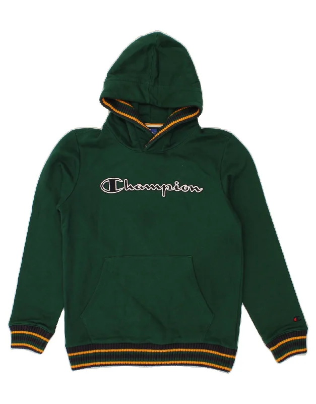 men's hoodie with zipper closure -CHAMPION Boys Graphic Hoodie Jumper 13-14 Years XL Green Cotton