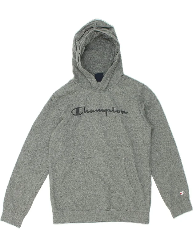 men's hoodie with pockets -CHAMPION Boys Graphic Hoodie Jumper 13-14 Years XL Grey Flecked Cotton