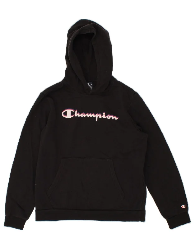 men's hoodie with stylish patterns -CHAMPION Boys Graphic Hoodie Jumper 15-16 Years 2XL Black