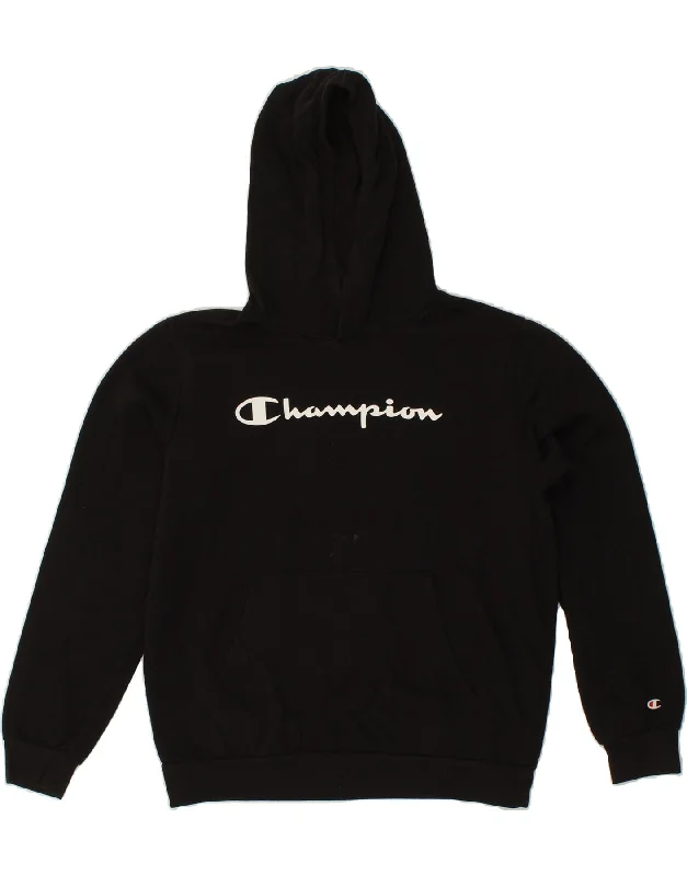 men's pullover hoodie with drawstrings -CHAMPION Boys Graphic Hoodie Jumper 15-16 Years Large  Black Cotton