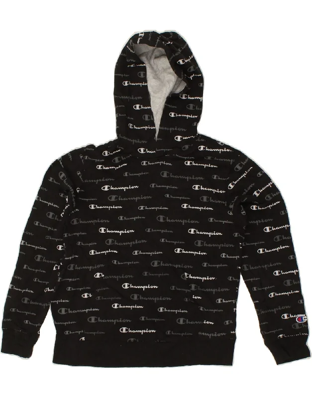 men's hoodie with designs -CHAMPION Boys Graphic Hoodie Jumper 9-10 Years Medium  Black Spotted