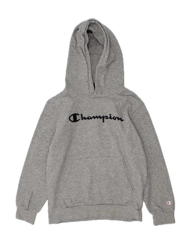 men's hoodie for snowboarding -CHAMPION Boys Graphic Hoodie Jumper 9-10 Years Medium  Grey Cotton