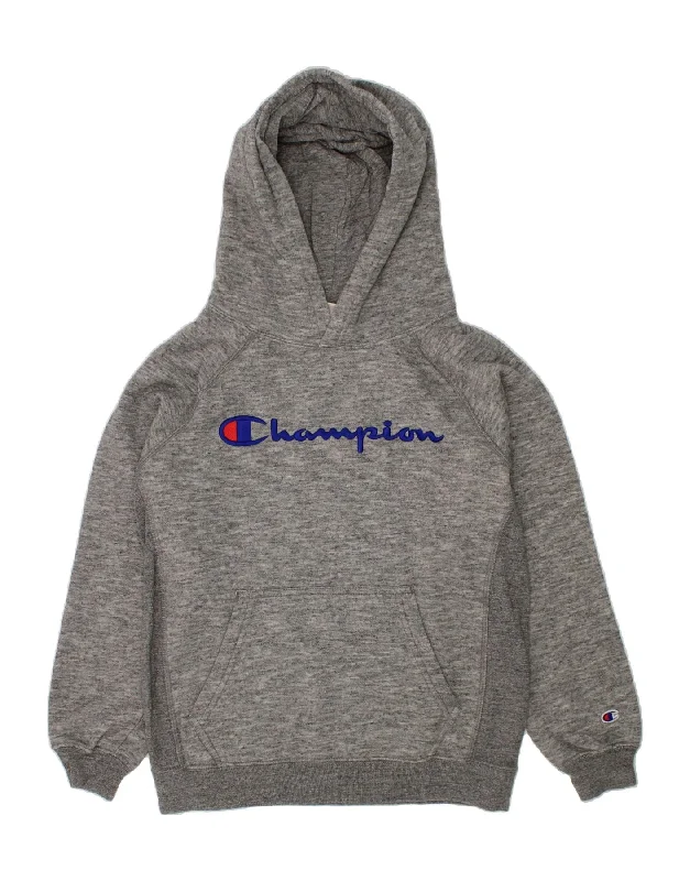 men's printed hoodies -CHAMPION Boys Graphic Hoodie Jumper 9-10 Years Medium Grey Flecked Cotton