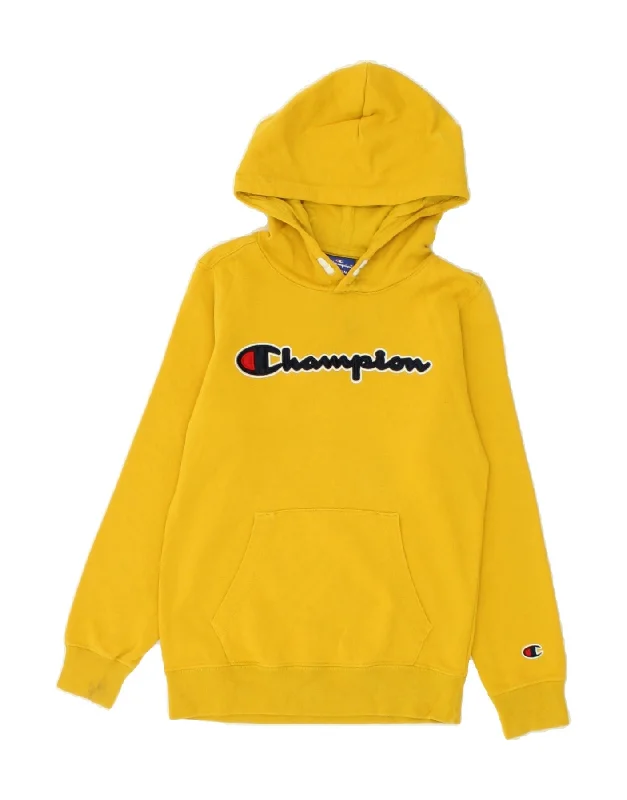 men's casual hoodies -CHAMPION Boys Graphic Hoodie Jumper 9-10 Years Medium Yellow Cotton