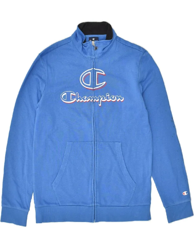 men's waterproof puffer jackets -CHAMPION Boys Graphic Tracksuit Top Jacket 13-14 Years XL Blue Cotton