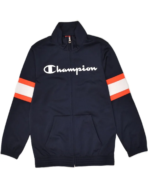 men's leather jackets -CHAMPION Boys Graphic Tracksuit Top Jacket 9-10 Years Medium Navy Blue