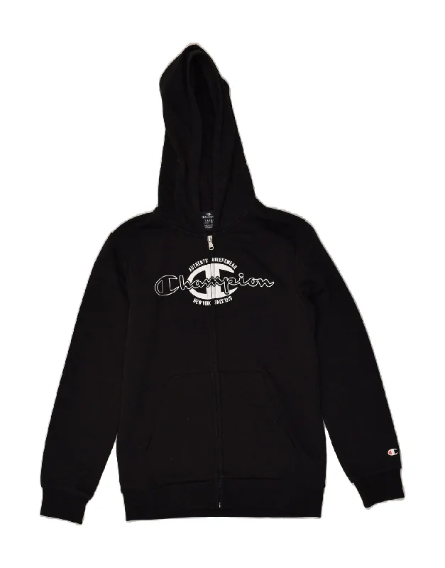 men's oversized sweaters -CHAMPION Boys Graphic Zip Hoodie Sweater 11-12 Years Large Black Cotton