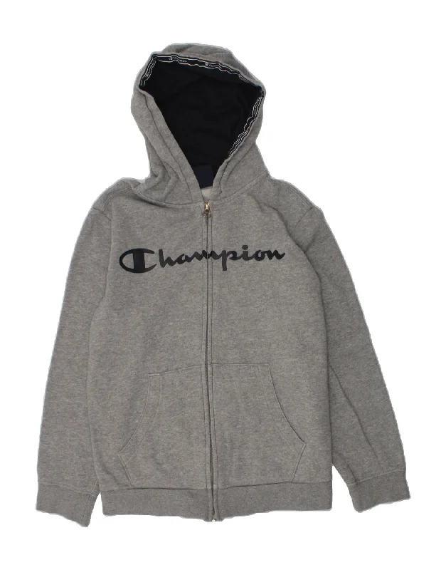 men's pullover sweaters -CHAMPION Boys Graphic Zip Hoodie Sweater 11-12 Years Large  Grey Cotton