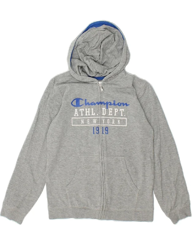 men's cardigan knitwear -CHAMPION Boys Graphic Zip Hoodie Sweater 11-12 Years Large Grey Cotton