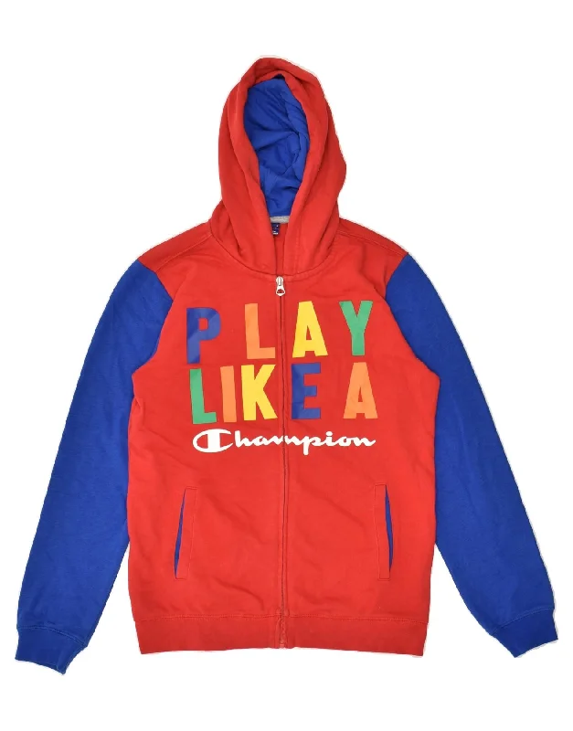 men's ribbed sweaters -CHAMPION Boys Graphic Zip Hoodie Sweater 11-12 Years Large Red Colourblock