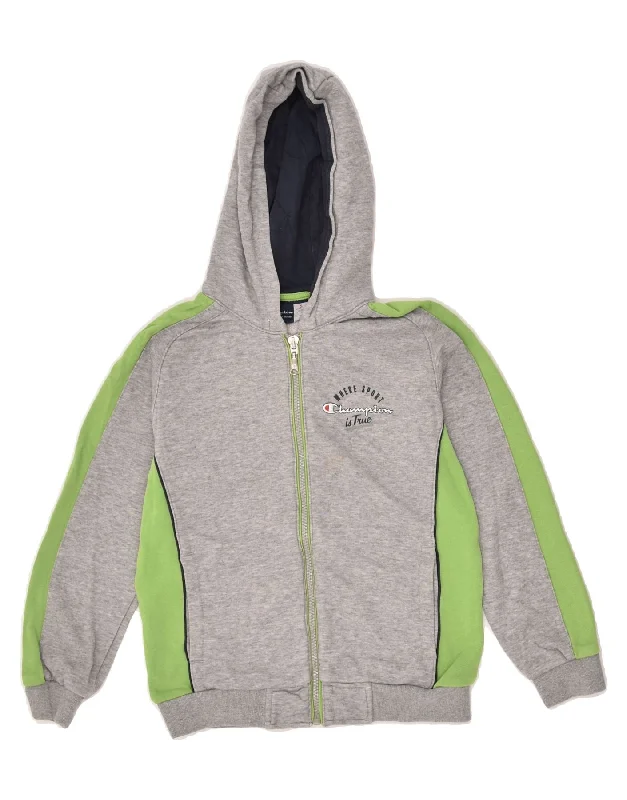 men's versatile sweaters -CHAMPION Boys Graphic Zip Hoodie Sweater 7-8 Years Small Grey Colourblock