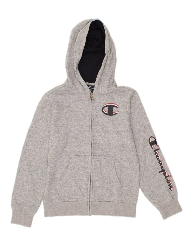 men's fleece sweaters -CHAMPION Boys Graphic Zip Hoodie Sweater 7-8 Years Small Grey Flecked