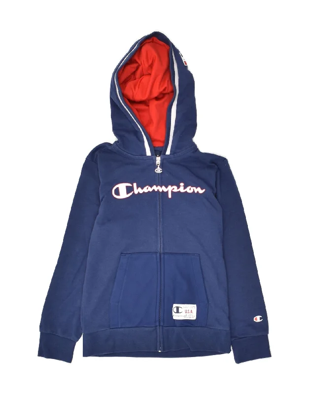 men's stylish turtleneck sweaters -CHAMPION Boys Graphic Zip Hoodie Sweater 7-8 Years Small Navy Blue