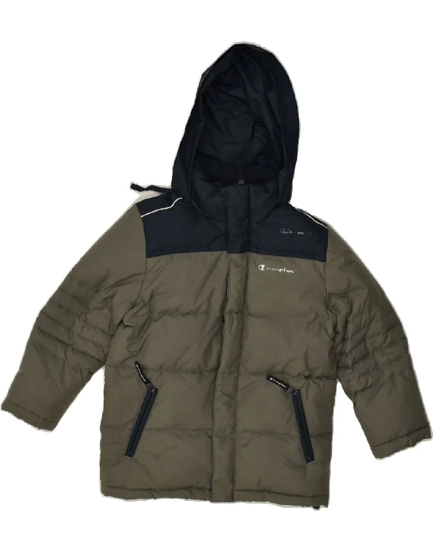 men's leather jacket with lining -CHAMPION Boys Hooded Padded Jacket 5-6 Years Grey Colourblock Polyamide