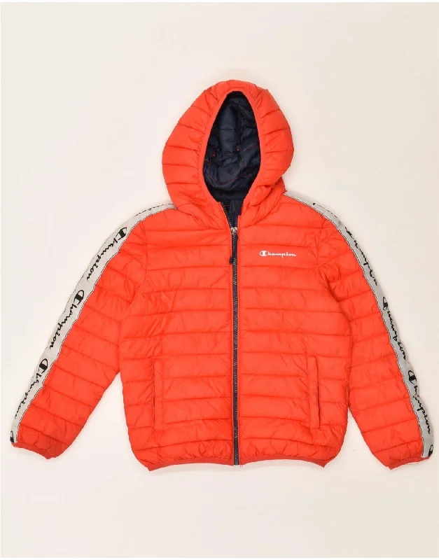 men's fleece jackets -CHAMPION Boys Hooded Padded Jacket 7-8 Years Small Red Colourblock