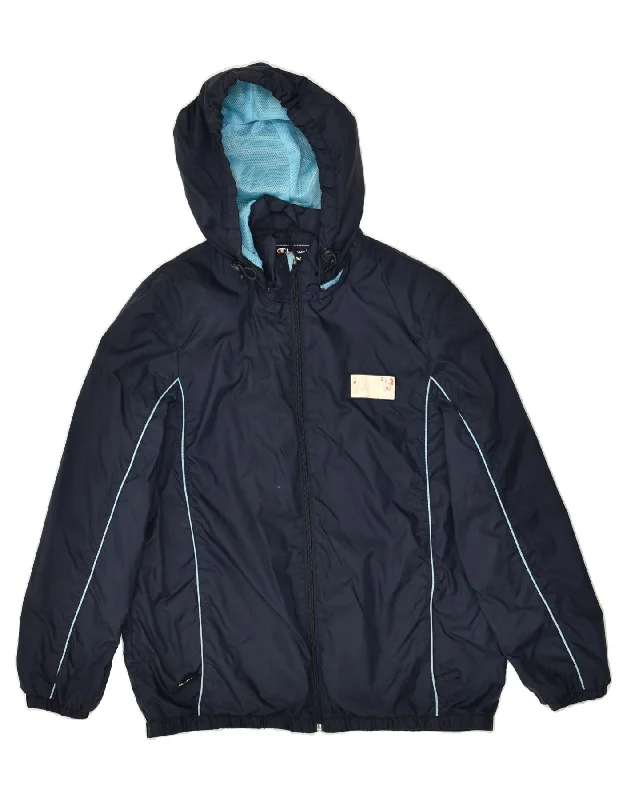 men's quilted jackets for rain -CHAMPION Boys Hooded Rain Jacket 13-14 Years XL Navy Blue Polyamide