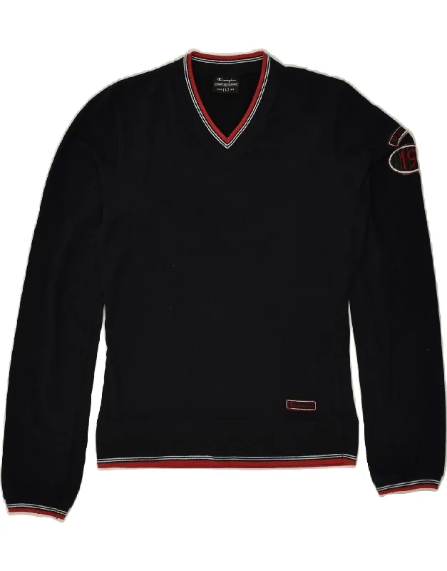 men's breathable wool sweaters -CHAMPION Boys V-Neck Jumper Sweater 10-11 Years Large Black Cotton