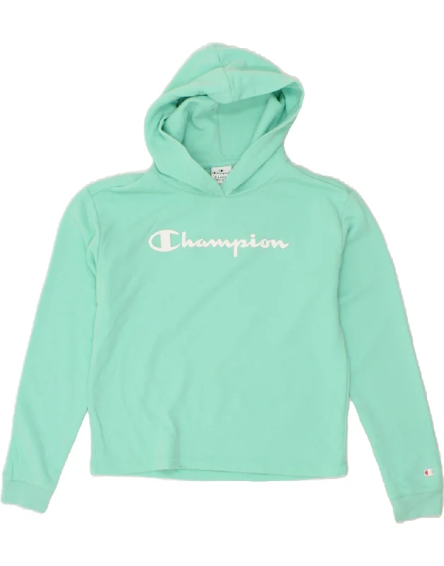 men's hoodie sweatshirt for weekend -CHAMPION Girls Crop Graphic Hoodie Jumper 13-14 Years XL Turquoise Cotton