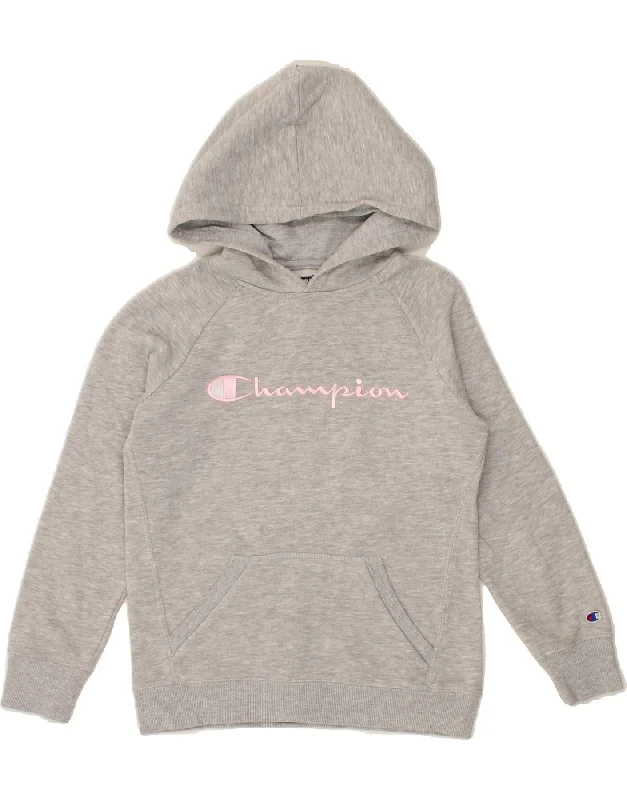 men's graphic hoodies -CHAMPION Girls Graphic Hoodie Jumper 10-11 Years Medium Grey Cotton