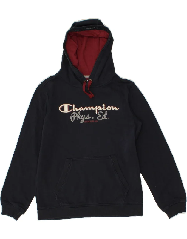 men's comfy hoodie sweatshirt -CHAMPION Girls Graphic Hoodie Jumper 11-12 Years Large  Navy Blue Cotton