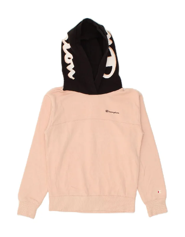 men's pullover sweatshirts -CHAMPION Girls Graphic Hoodie Jumper 9-10 Years Medium Pink Colourblock