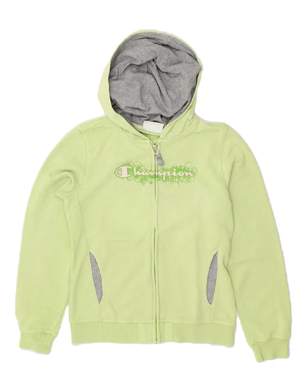 men's outdoor sweaters -CHAMPION Girls Graphic Zip Hoodie Sweater 9-10 Years Medium  Green Cotton