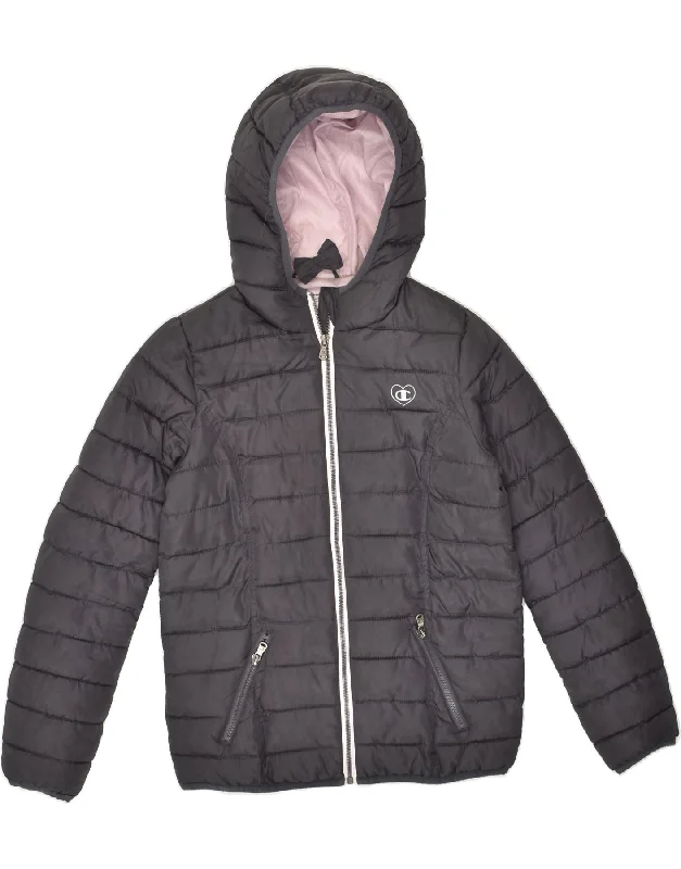 men's outdoor fleece jackets -CHAMPION Girls Hooded Padded Jacket 11-12 Years Grey Polyester